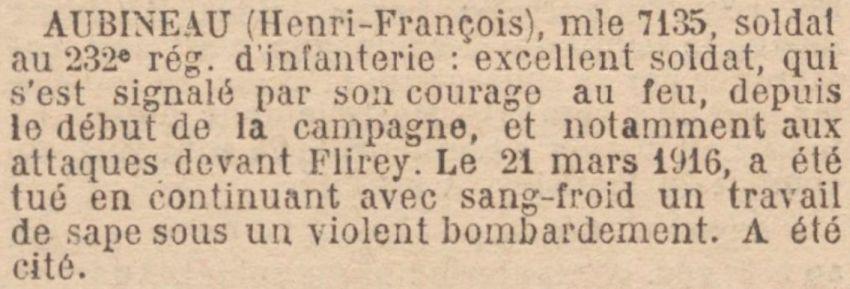 AUBINEAU Henri MM JO 4 Septembre 1919